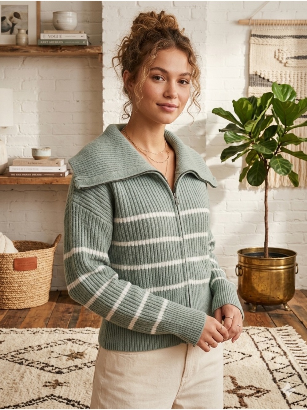 Pink Rose Sage & White Striped Zip-Front Ribbed Sweater